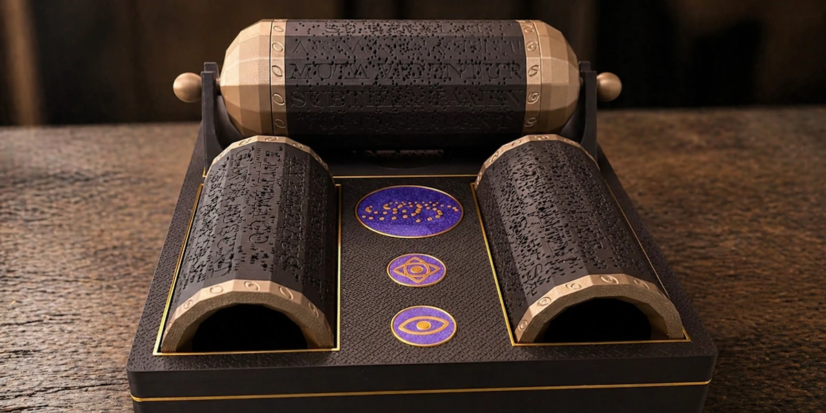Relic Holder displaying three Cryptatrope cylinders and completion tokens